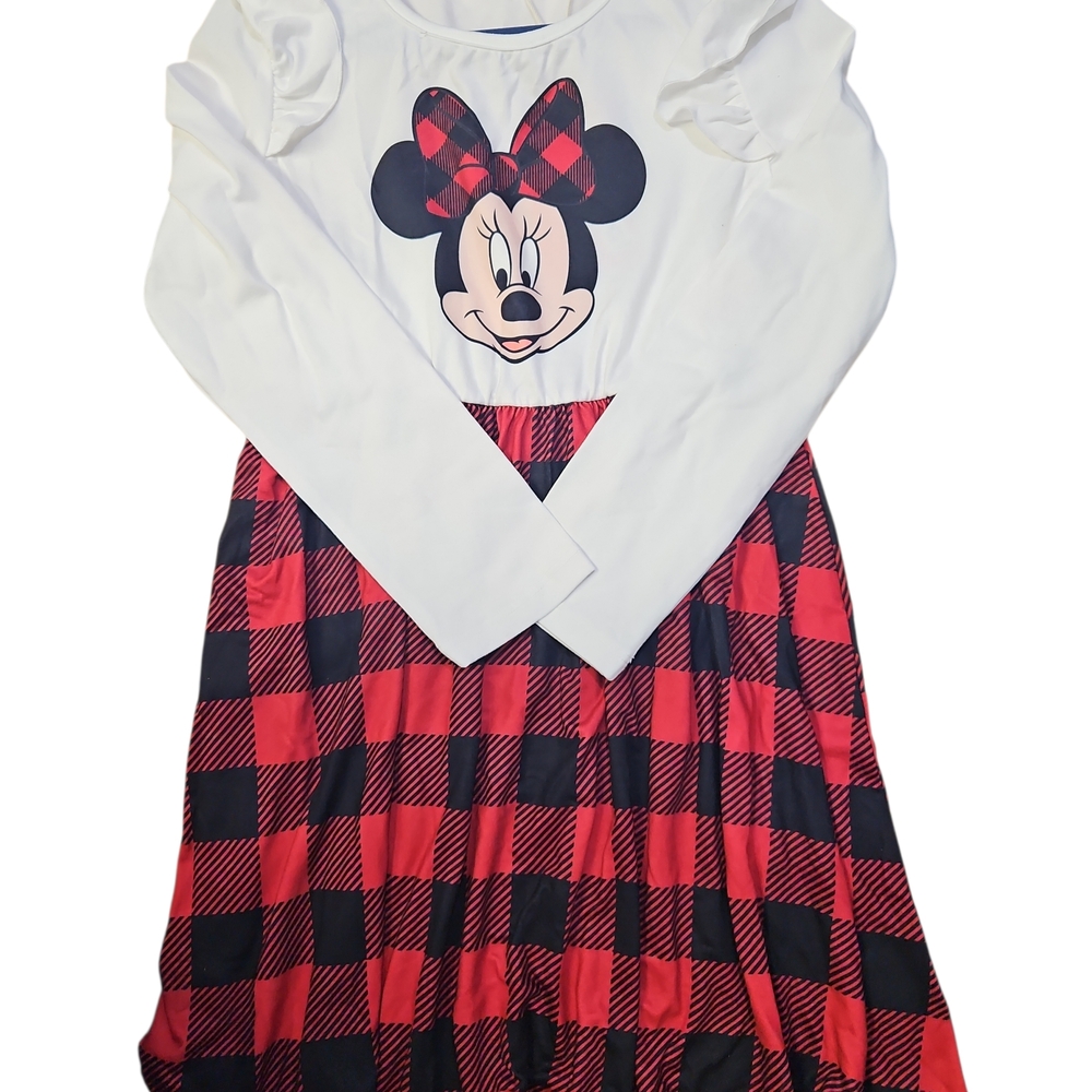 Disney Minnie Mouse Girls Dress Red Black Plaid Long Sleeve Size 6-7Y
